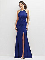 Front View Thumbnail - Cobalt Blue Halter Asymmetrical Draped Stretch Satin Mermaid Dress with Rhinestone Straps