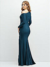 Rear View Thumbnail - Atlantic Blue Long Sleeve Cold-Shoulder Draped Stretch Satin Mermaid Dress with Horsehair Hem