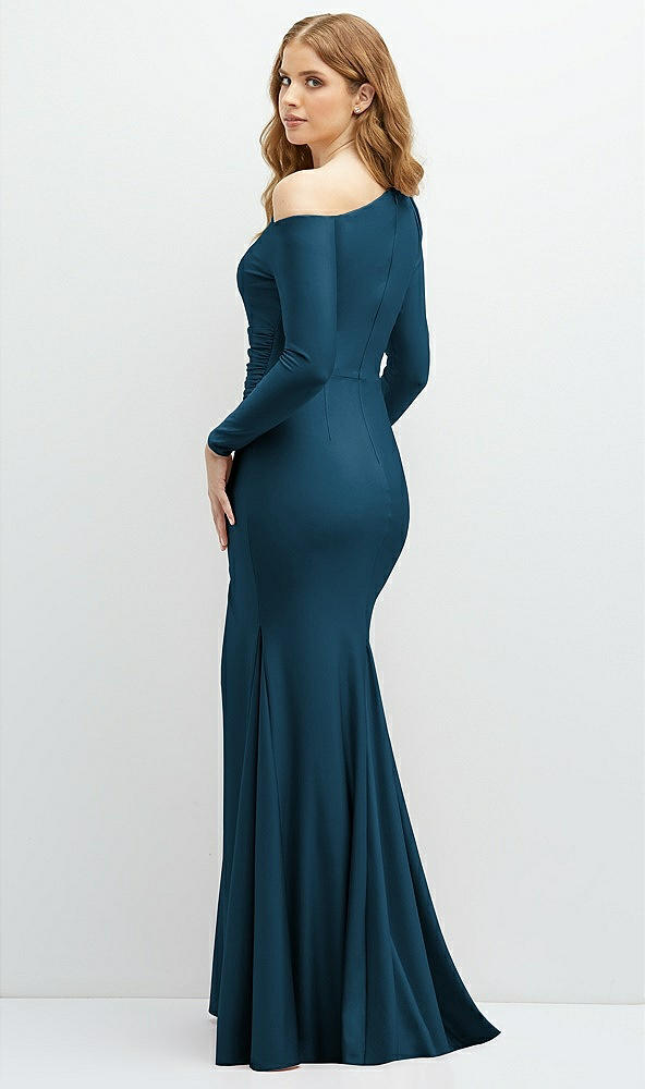 Back View - Atlantic Blue Long Sleeve Cold-Shoulder Draped Stretch Satin Mermaid Dress with Horsehair Hem