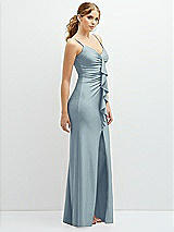 Side View Thumbnail - Mist Rhinestone Strap Stretch Satin Maxi Dress with Vertical Cascade Ruffle