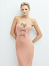 Alt View 1 Thumbnail - Pale Peach Rhinestone Bow Trimmed Peek-a-Boo Deep-V Midi Dress with Pencil Skirt