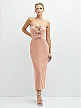 Front View Thumbnail - Pale Peach Rhinestone Bow Trimmed Peek-a-Boo Deep-V Midi Dress with Pencil Skirt