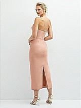 Rear View Thumbnail - Pale Peach Rhinestone Bow Trimmed Peek-a-Boo Deep-V Midi Dress with Pencil Skirt