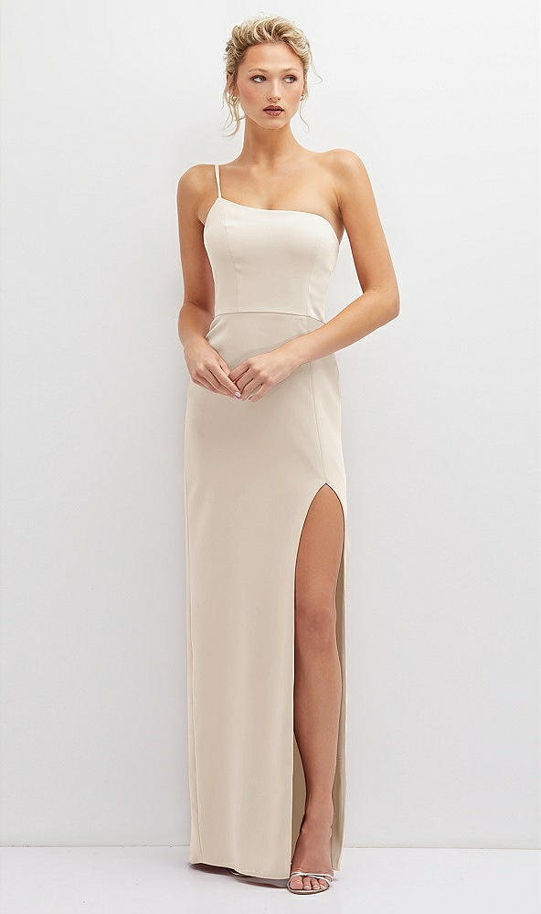 Front View - Oat Sleek One-Shoulder Crepe Column Dress with Cut-Away Slit