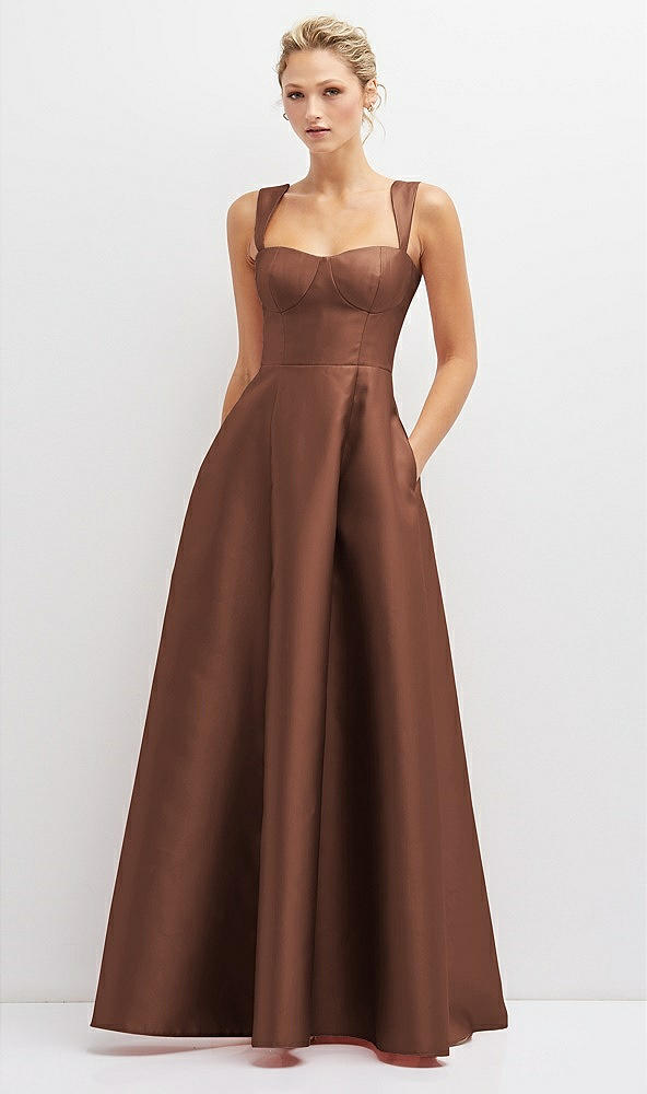 Front View - Cognac Lace-Up Back Bustier Satin Dress with Full Skirt and Pockets