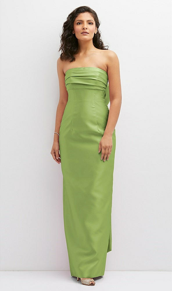 Front View - Mojito Strapless Draped Bodice Column Dress with Oversized Bow