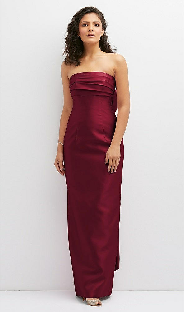 Front View - Burgundy Strapless Draped Bodice Column Dress with Oversized Bow