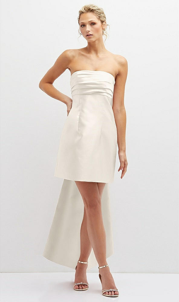 Front View - Ivory Strapless Satin Column Mini Dress with Oversized Bow