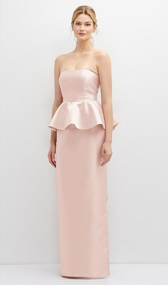 Front View - Blush Strapless Satin Maxi Dress with Cascade Ruffle Peplum Detail