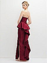 Rear View Thumbnail - Burgundy Strapless Satin Maxi Dress with Cascade Ruffle Peplum Detail