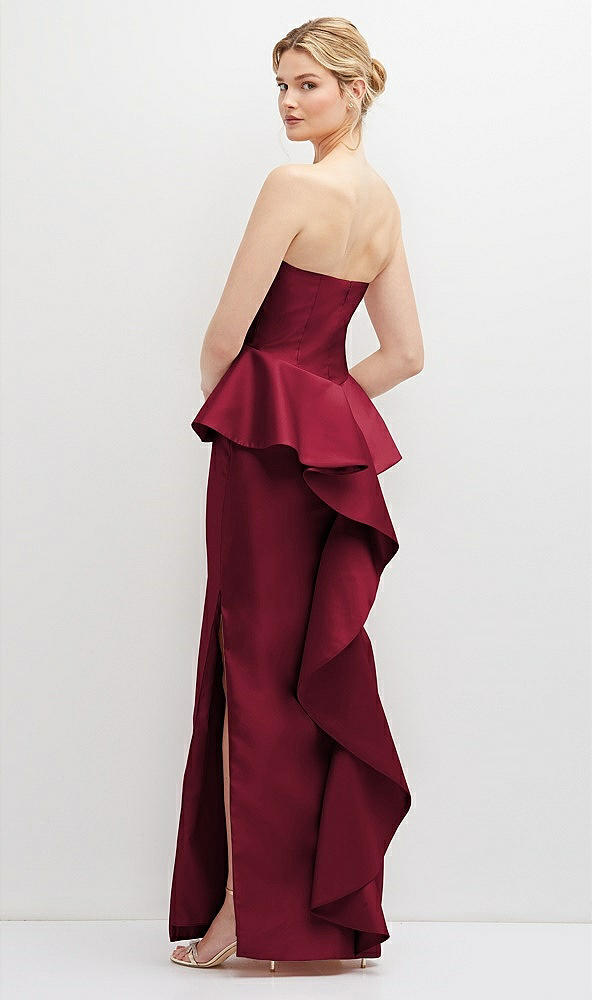 Back View - Burgundy Strapless Satin Maxi Dress with Cascade Ruffle Peplum Detail