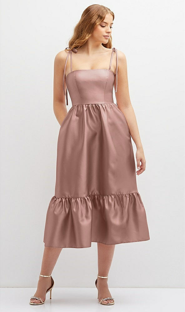 Front View - Neu Nude Shirred Ruffle Hem Midi Dress with Self-Tie Spaghetti Straps and Pockets