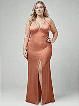 Alt View 1 Thumbnail - Copper Penny Plunge Halter Open-Back Maxi Bias Dress with Low Tie Back