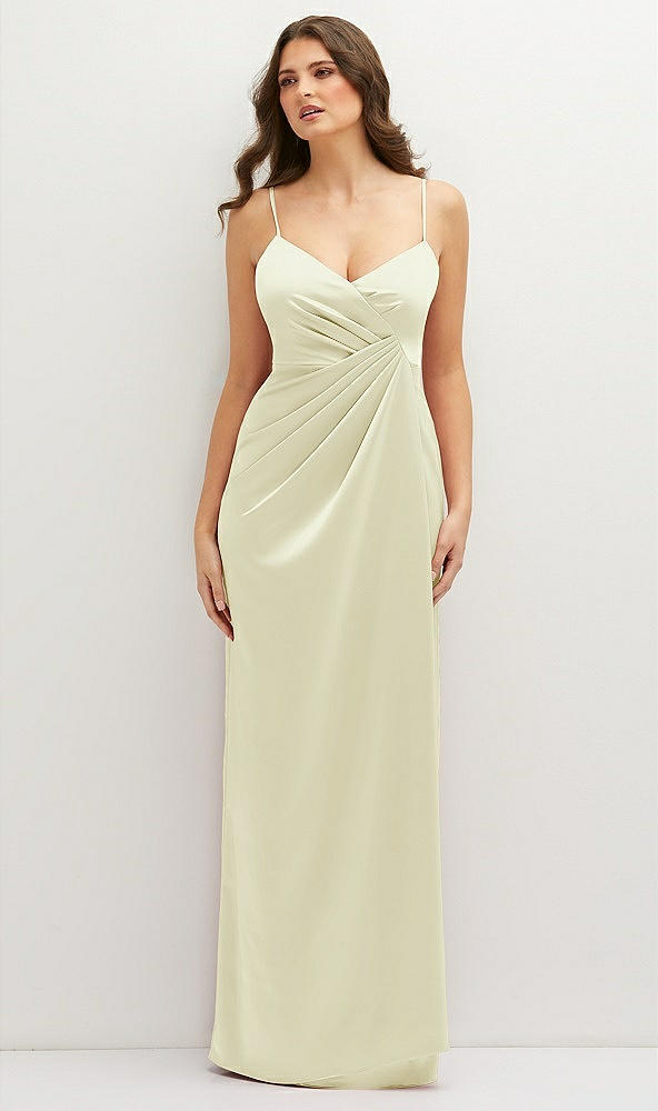 Front View - Butter Yellow Asymmetrical Draped Pleat Wrap Satin Maxi Dress