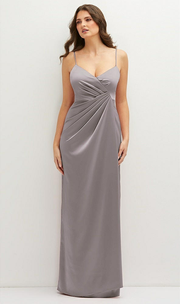 Front View - Cashmere Gray Asymmetrical Draped Pleat Wrap Satin Maxi Dress