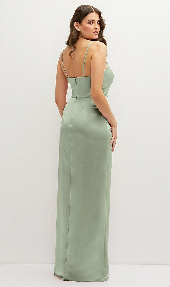 Back View - Sage Asymmetrical Draped Pleat Wrap Satin Maxi Dress