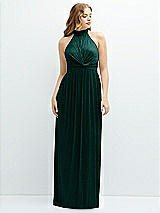 Front View Thumbnail - Metallic Evergreen Band Collar Halter Open-Back Metallic Pleated Maxi Dress