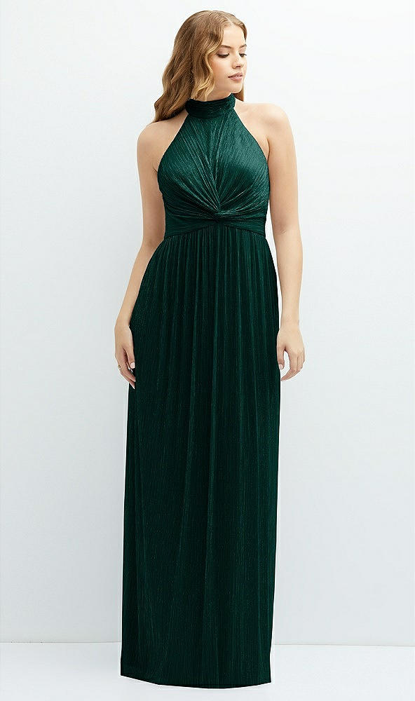 Front View - Metallic Evergreen Band Collar Halter Open-Back Metallic Pleated Maxi Dress