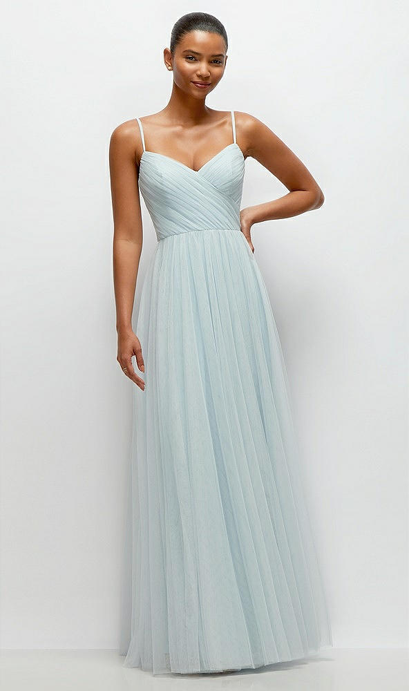 Front View - Mist Ruched Wrap Bodice Tulle Maxi Dress with Full Skirt