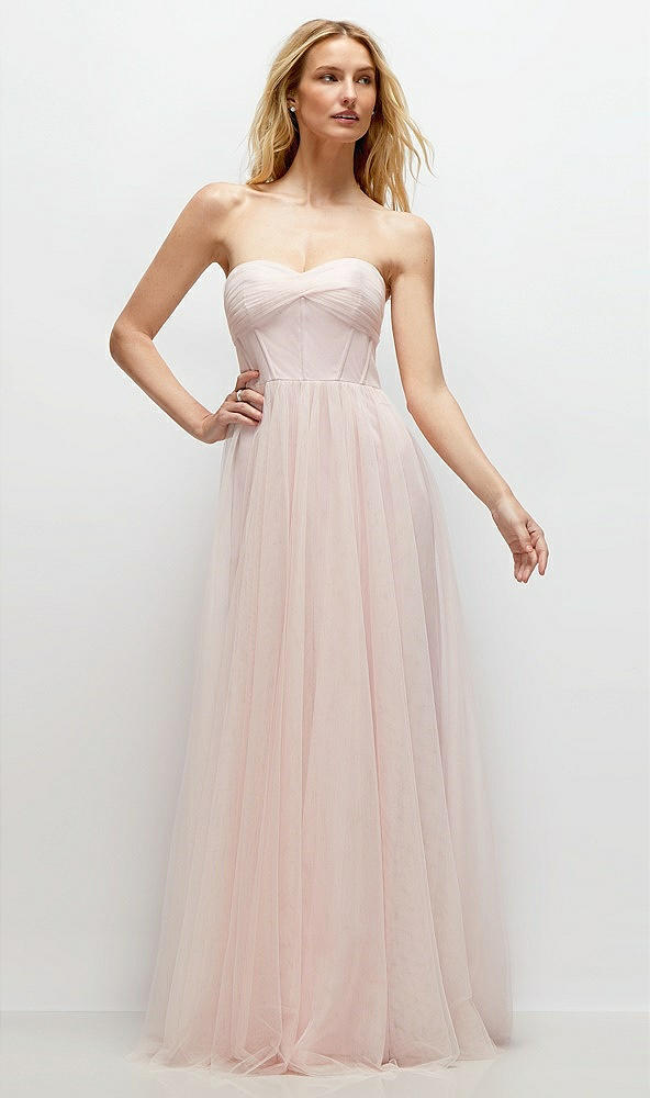 Front View - Ballet Pink Strapless Twist Cup Tulle Corset Dress with Full Maxi Skirt