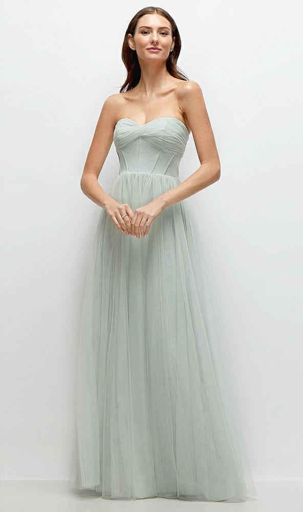 Front View - Willow Green Strapless Twist Cup Tulle Corset Dress with Full Maxi Skirt