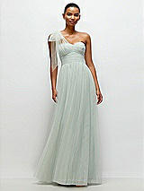 Front View Thumbnail - Willow Green Scarf Tie One-Shoulder Tulle Maxi Dress with Full Skirt