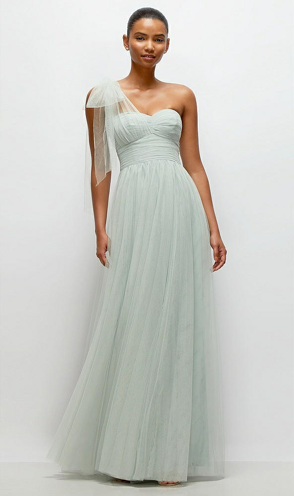 Front View - Willow Green Scarf Tie One-Shoulder Tulle Maxi Dress with Full Skirt