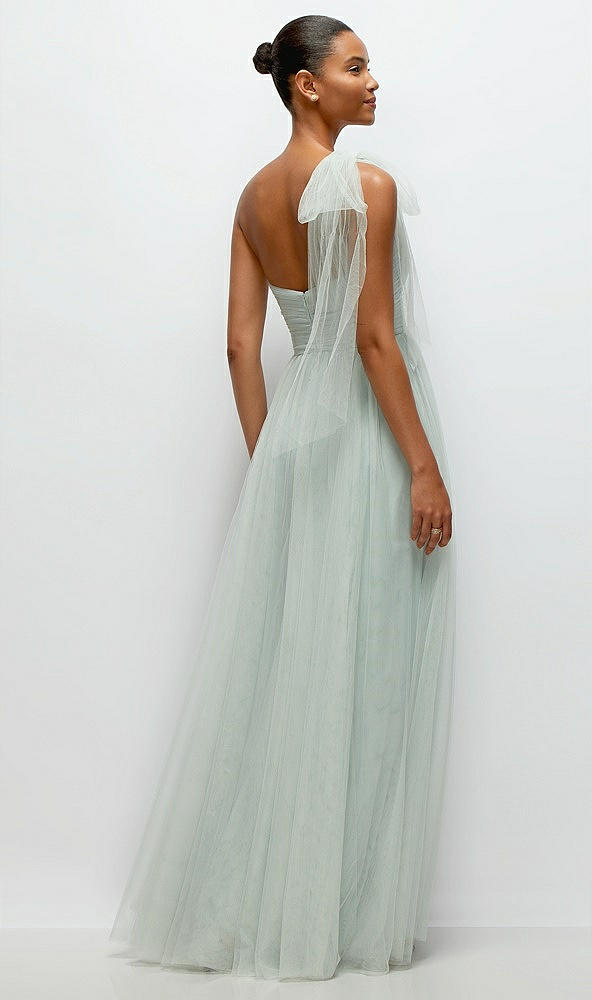 Back View - Willow Green Scarf Tie One-Shoulder Tulle Maxi Dress with Full Skirt