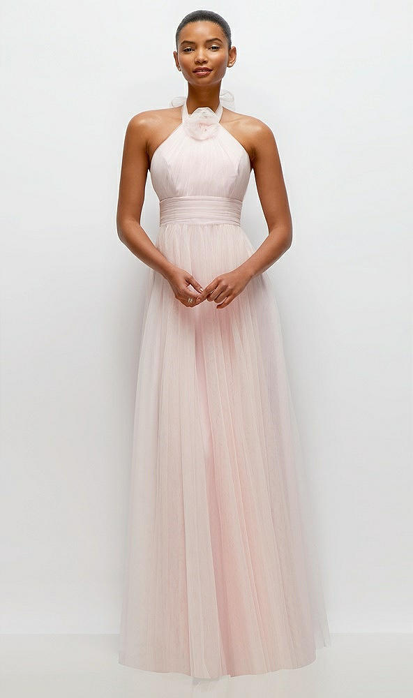 Front View - Ballet Pink Tie-Back Halter Tulle Maxi Dress with Full Skirt & Rosette Detail