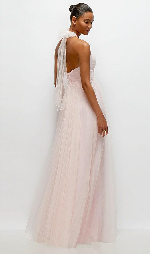 Back View - Ballet Pink Tie-Back Halter Tulle Maxi Dress with Full Skirt & Rosette Detail