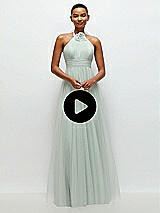 Video 1 Thumbnail - Ballet Pink Tie-Back Halter Tulle Maxi Dress with Full Skirt & Rosette Detail