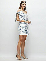 Side View Thumbnail - Cottage Rose Larkspur Floral Satin Off-the-Shoulder Bow Corset Fit and Flare Mini Dress