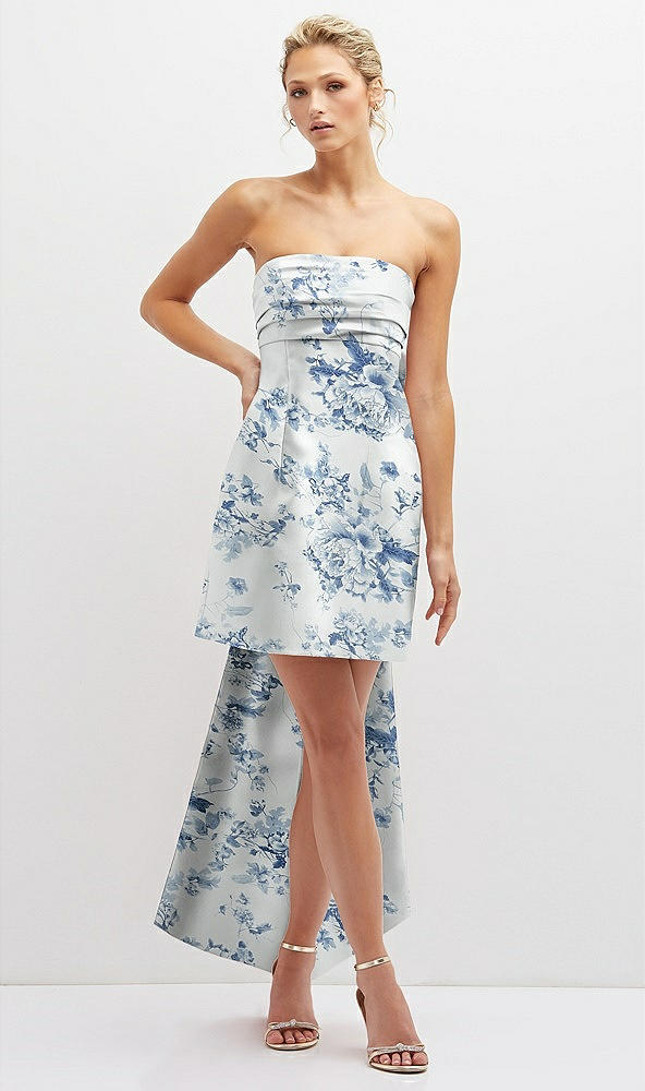 Front View - Cottage Rose Larkspur Floral Strapless Satin Column Mini Dress with Oversized Bow