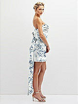 Side View Thumbnail - Cottage Rose Larkspur Floral Strapless Satin Column Mini Dress with Oversized Bow