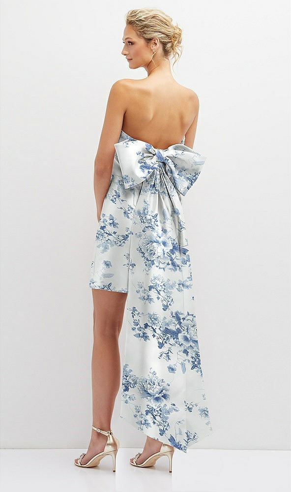 Back View - Cottage Rose Larkspur Floral Strapless Satin Column Mini Dress with Oversized Bow