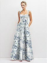 Front View Thumbnail - Cottage Rose Larkspur Floral Lace-Up Back Bustier Satin Dress with Full Skirt and Pockets