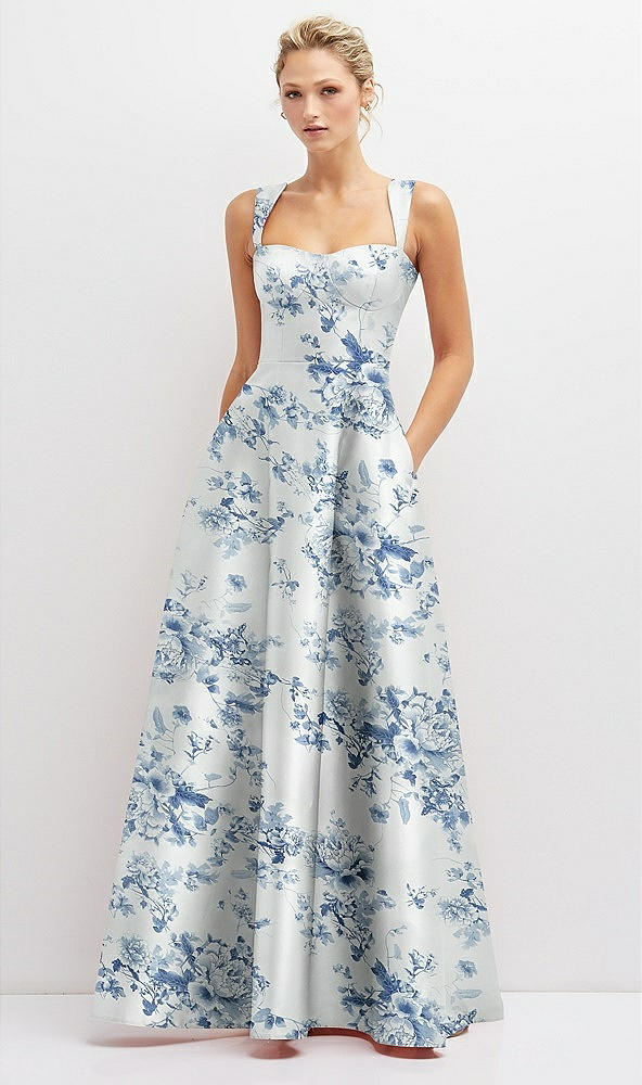 Front View - Cottage Rose Larkspur Floral Lace-Up Back Bustier Satin Dress with Full Skirt and Pockets