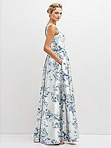 Side View Thumbnail - Cottage Rose Larkspur Floral Lace-Up Back Bustier Satin Dress with Full Skirt and Pockets