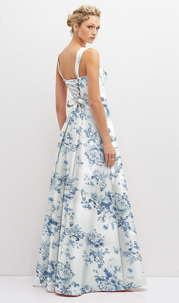 Back View - Cottage Rose Larkspur Floral Lace-Up Back Bustier Satin Dress with Full Skirt and Pockets