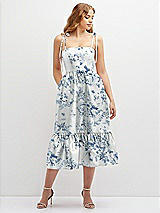 Front View Thumbnail - Cottage Rose Larkspur Floral Shirred Ruffle Hem Midi Dress with Self-Tie Spaghetti Straps and Pockets