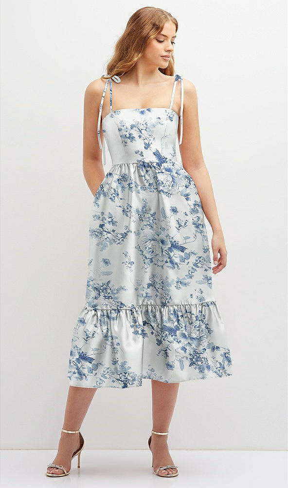 Front View - Cottage Rose Larkspur Floral Shirred Ruffle Hem Midi Dress with Self-Tie Spaghetti Straps and Pockets