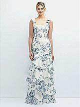 Front View Thumbnail - Cottage Rose Larkspur Floral Bow-Shoulder Satin Maxi Dress with Asymmetrical Tiered Skirt