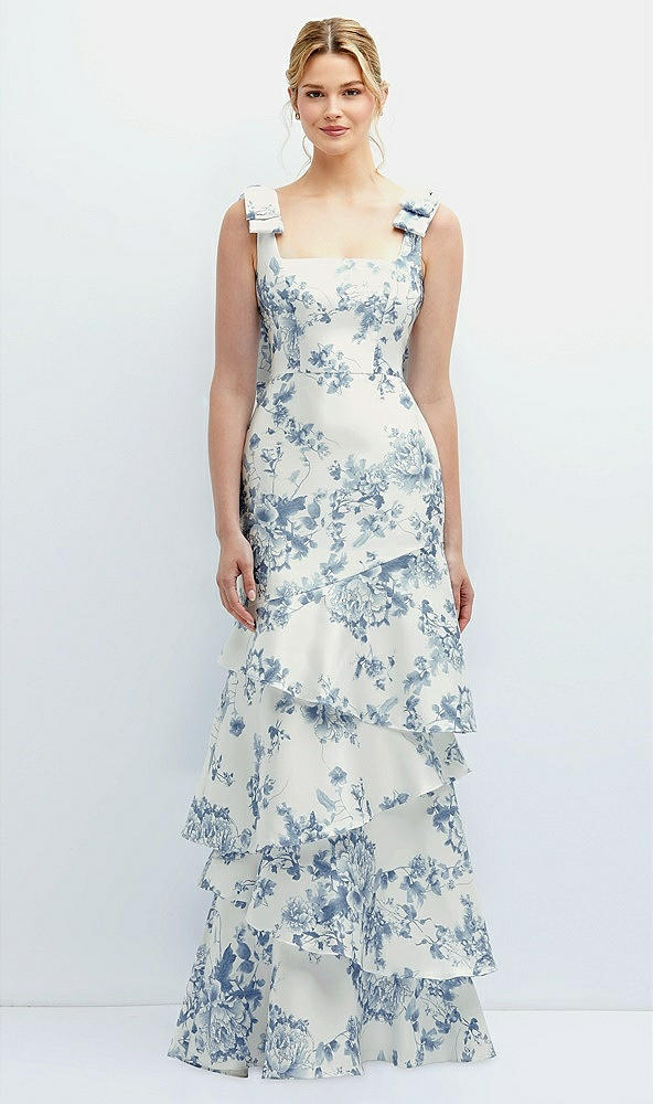 Front View - Cottage Rose Larkspur Floral Bow-Shoulder Satin Maxi Dress with Asymmetrical Tiered Skirt