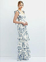 Side View Thumbnail - Cottage Rose Larkspur Floral Bow-Shoulder Satin Maxi Dress with Asymmetrical Tiered Skirt