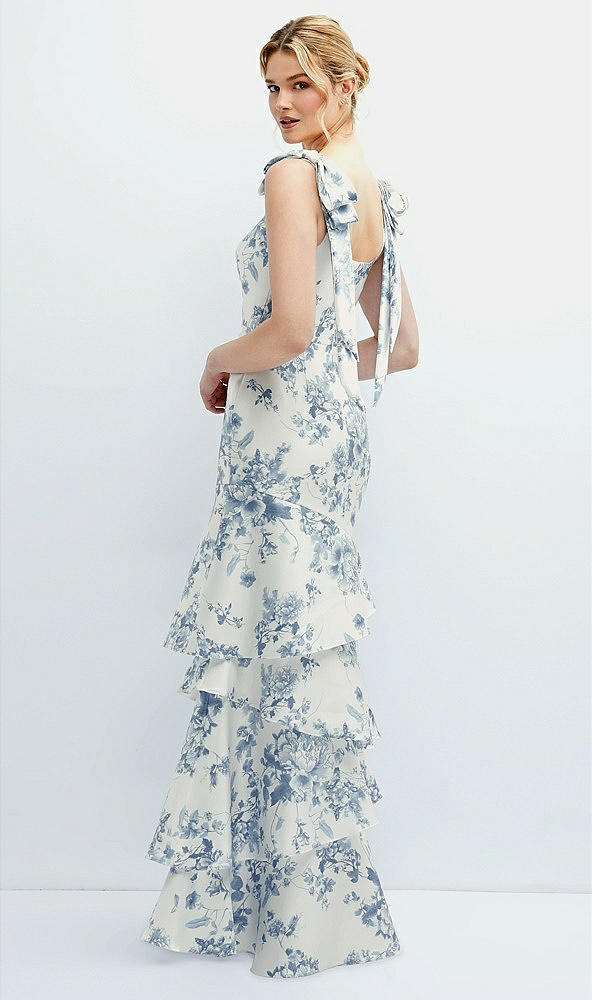 Back View - Cottage Rose Larkspur Floral Bow-Shoulder Satin Maxi Dress with Asymmetrical Tiered Skirt