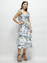 Alt View 2 Thumbnail - Cottage Rose Larkspur Floral Bow-Shoulder Satin Midi Dress with Asymmetrical Tiered Skirt