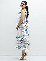 Front View Thumbnail - Cottage Rose Larkspur Floral Bow-Shoulder Satin Midi Dress with Asymmetrical Tiered Skirt