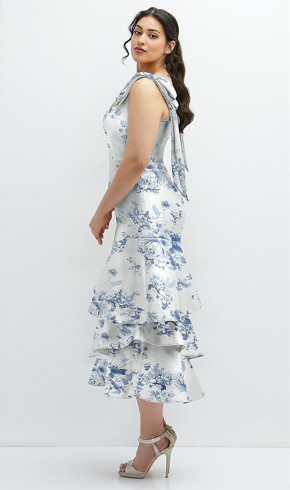 Front View - Cottage Rose Larkspur Floral Bow-Shoulder Satin Midi Dress with Asymmetrical Tiered Skirt