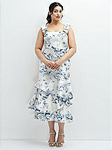 Side View Thumbnail - Cottage Rose Larkspur Floral Bow-Shoulder Satin Midi Dress with Asymmetrical Tiered Skirt