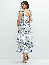 Rear View Thumbnail - Cottage Rose Larkspur Floral Bow-Shoulder Satin Midi Dress with Asymmetrical Tiered Skirt